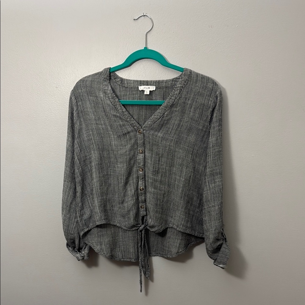Gray Tie Front Blouse with 3/4 Sleeves